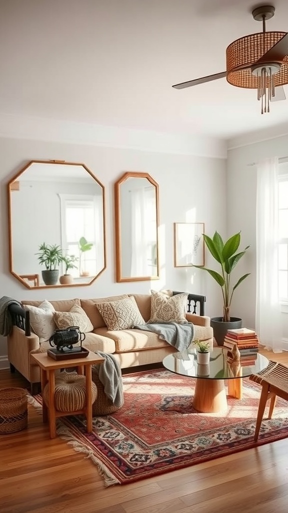 A modern boho living room featuring two large mirrors, a cozy sofa, and a stylish coffee table.