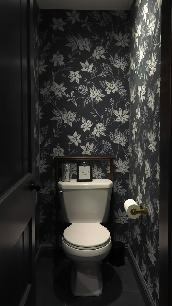 A small dark bathroom with floral wallpaper, featuring a white toilet and dark accessories.