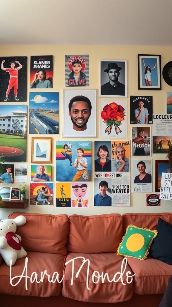 A colorful collage of various posters and photographs on a dorm wall, showcasing personality and creativity.