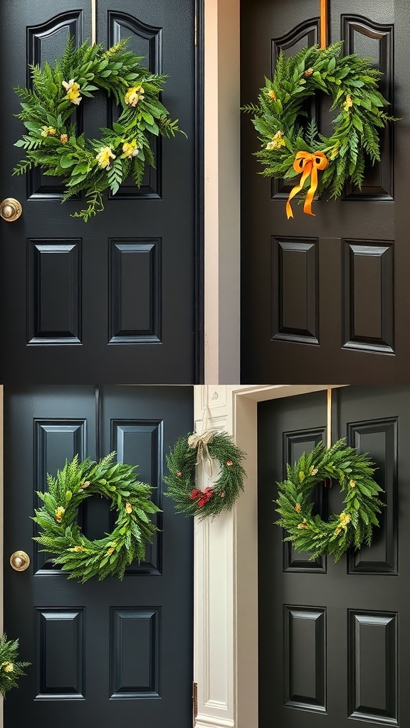 Four different wreaths hanging on black doors with various ribbon styles.