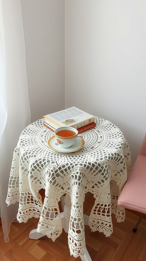 A small table covered with a crochet tablecloth, a cup of tea on a saucer, and a stack of books.