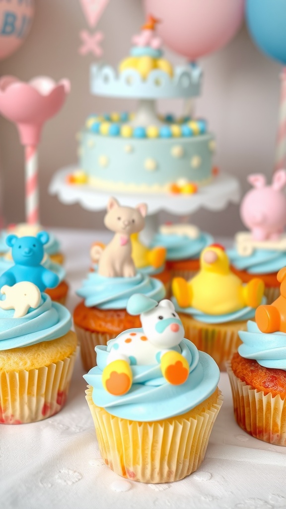 Cupcakes with blue frosting topped with colorful baby animal figurines, alongside a matching cake and pastel decorations.