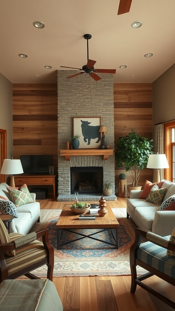 Cozy ranch-style living room with custom furniture, featuring a stone fireplace and comfortable seating.