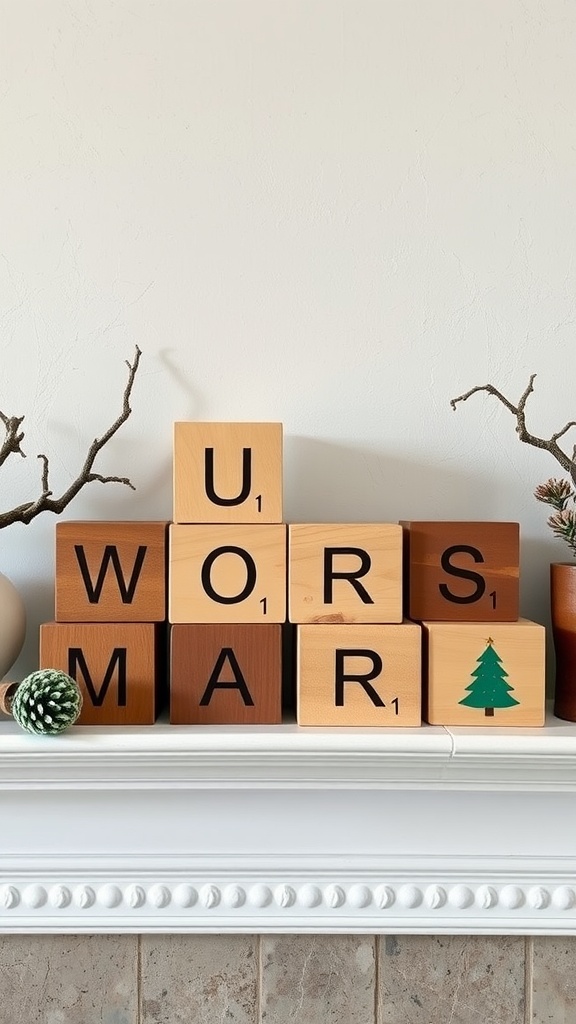 Customizable seasonal blocks arranged on a mantel, showcasing letters and a tree illustration.