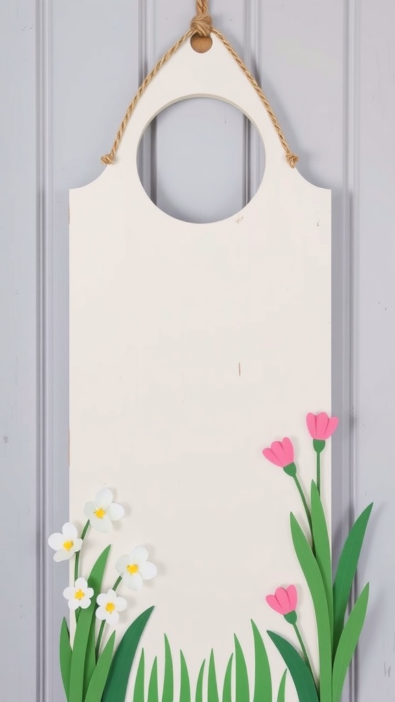 A blank customizable spring sign with flowers at the bottom, hanging on a wall.