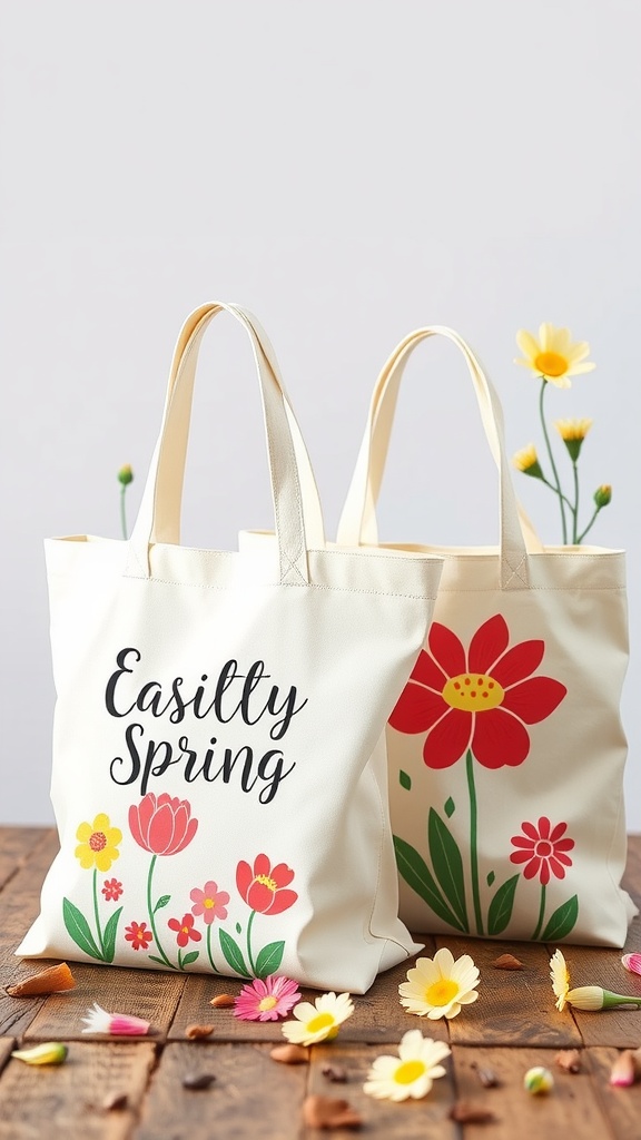 Two customizable spring tote bags with floral designs and the text 'Easily Spring' displayed on a wooden surface.