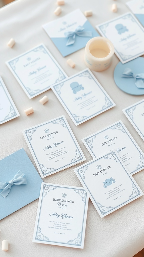 A collection of customized baby shower invitations in blue tones, featuring bows and baby-related graphics.