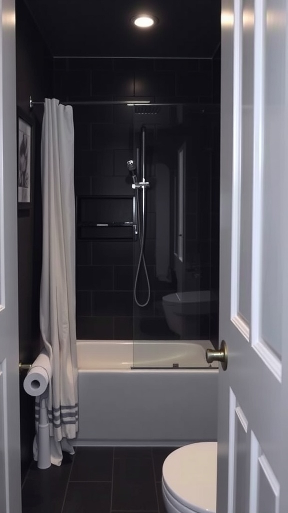 A small dark bathroom with a glass shower enclosure, modern fixtures, and a clean layout.