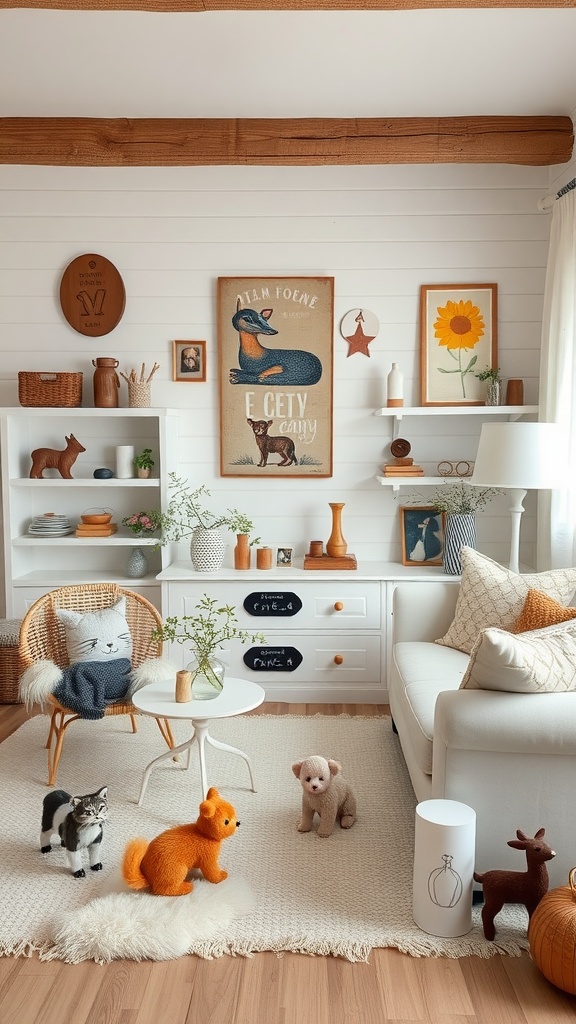 A cozy living room featuring cute animal decorations, including plush toys and a cat pillow