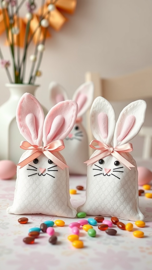 Cute bunny treat bags filled with colorful candies on a table