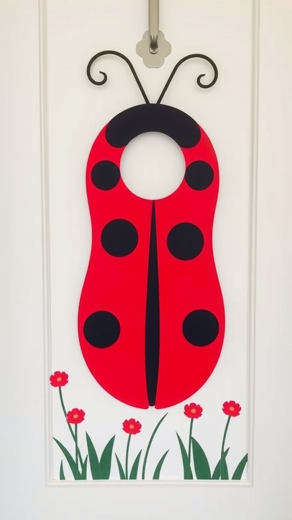 Cute ladybug door hanger in bright red color with black spots and flowers