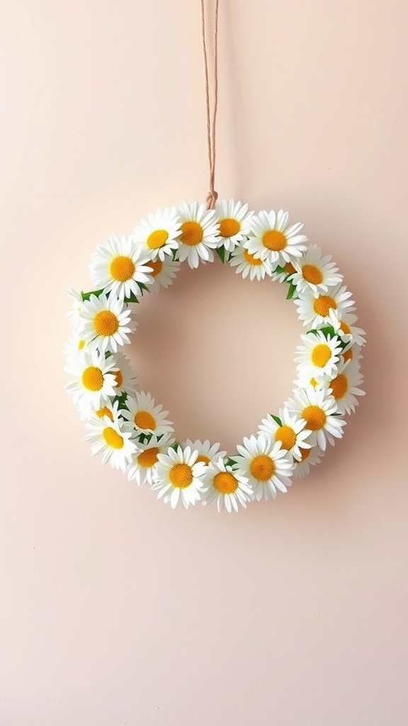 A decorative wreath made of faux daisies on a pale pink background