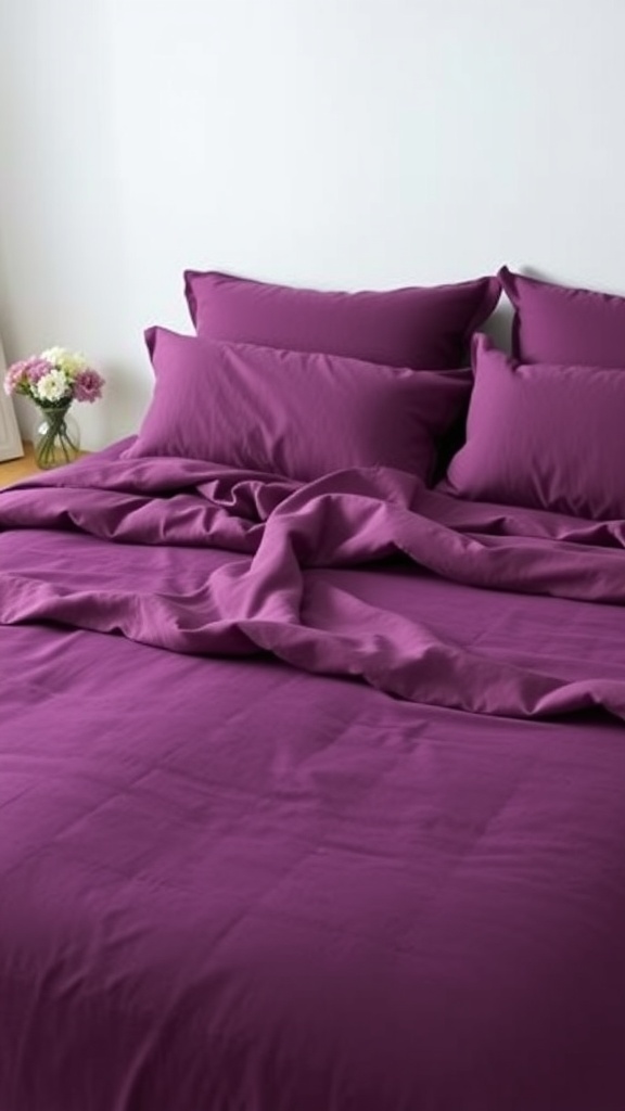 A beautifully made bed with dark purple bedspread and matching pillows, showcasing a cozy bedroom vibe.