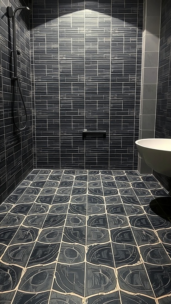 A bathroom with dark tile patterns on the walls and floor, featuring a sleek shower area.