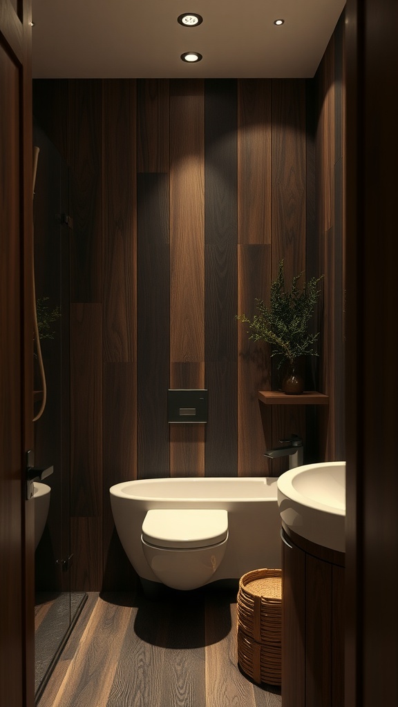 A dark wood accented bathroom featuring vertical wood paneling, a modern bathtub, and a small plant on a shelf.