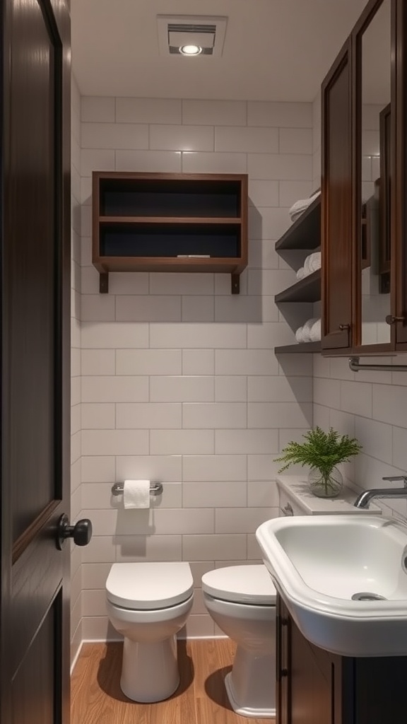 Small bathroom featuring dark wood accents on cabinetry and shelves, with light tile walls and a touch of greenery.