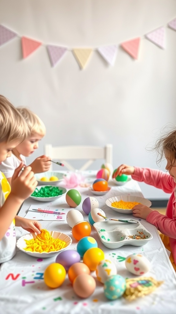 Children decorating colorful Easter eggs at a table with art supplies.