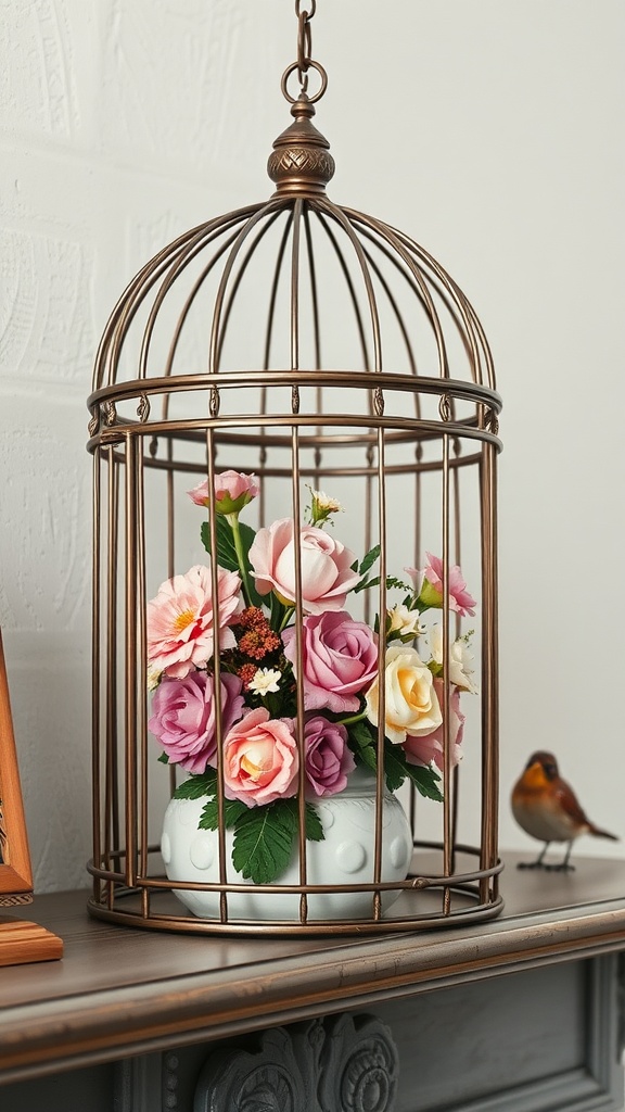 A decorative birdcage with colorful flowers inside, sitting on a mantle next to a small bird figurine.