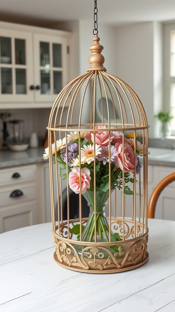 A decorative birdcage holding colorful flowers, enhancing the kitchen table decor.