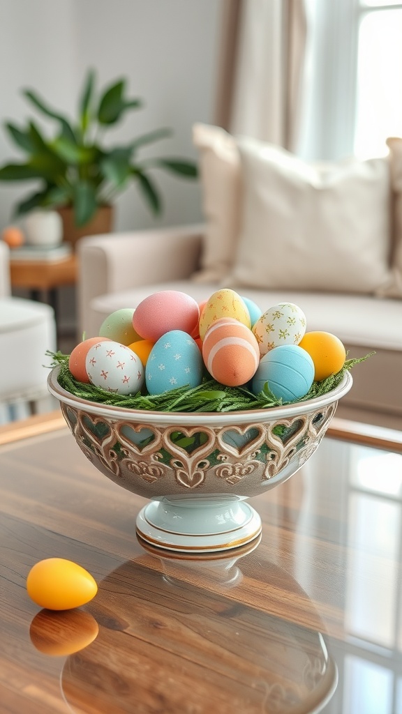 A decorative bowl filled with colorful Easter eggs on a wooden table