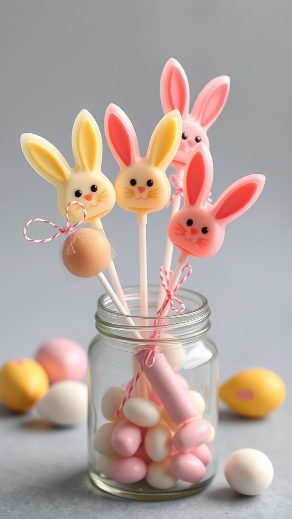 Colorful bunny lollipops in a jar with pastel candy eggs around them