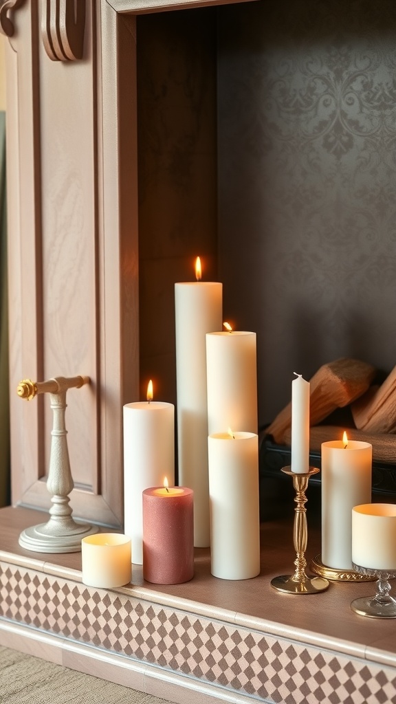 A collection of decorative candles in soft hues arranged around a fireplace.