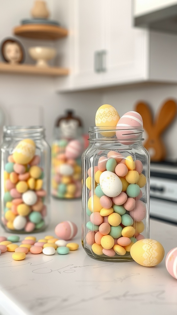 Colorful jars filled with decorative Easter eggs on a kitchen counter