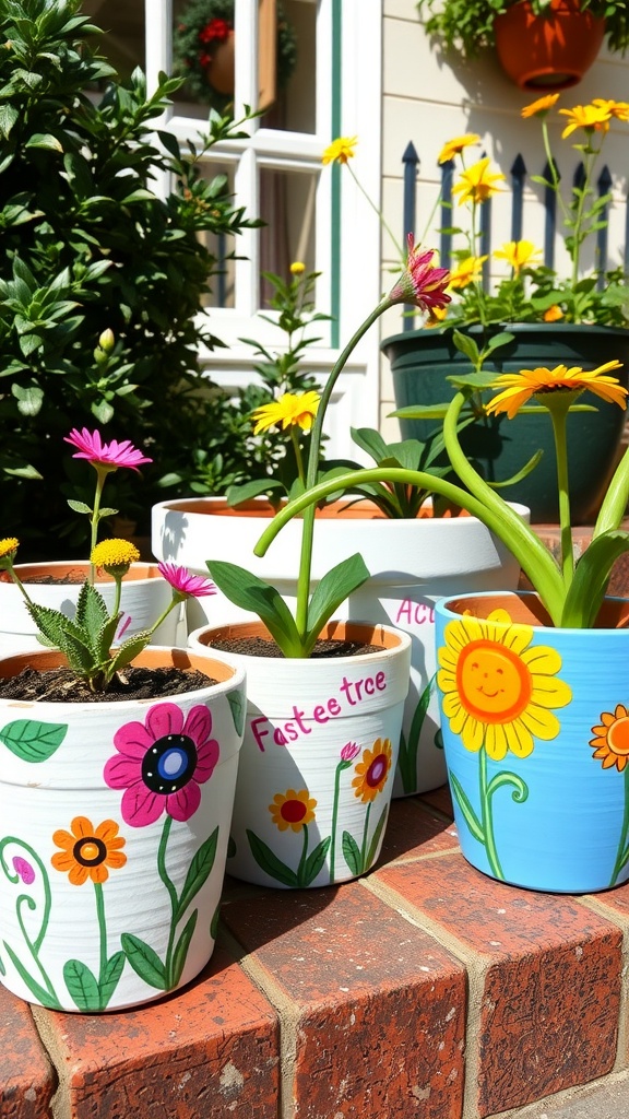 Colorful decorative flower pots with cheerful designs and flowers, set against a sunny backdrop.