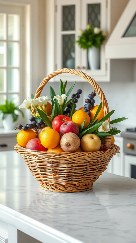 A beautifully arranged fruit basket with various fruits and flowers on a kitchen island.