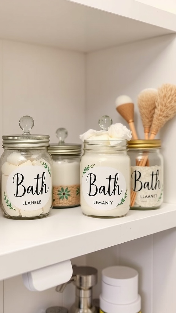 Decorative jars with bath essentials displayed on a shelf