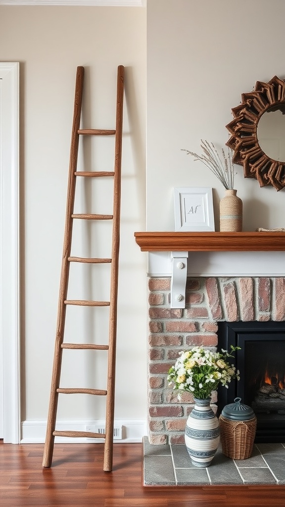 A wooden decorative ladder positioned next to a spring-themed fireplace with flowers and a mirror.