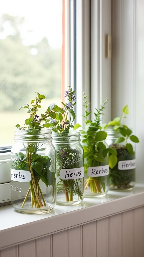 Several mason jars filled with fresh herbs on a window sill.