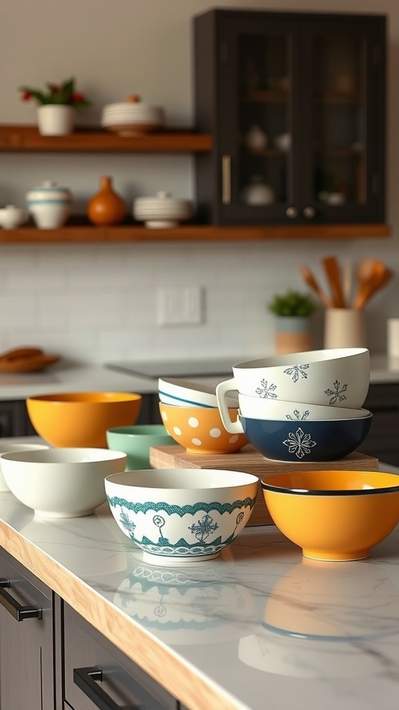 Colorful decorative mixing bowls arranged on a kitchen island.