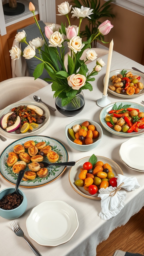 A beautifully set spring dinner table with decorative serving platters filled with colorful food and a floral centerpiece.