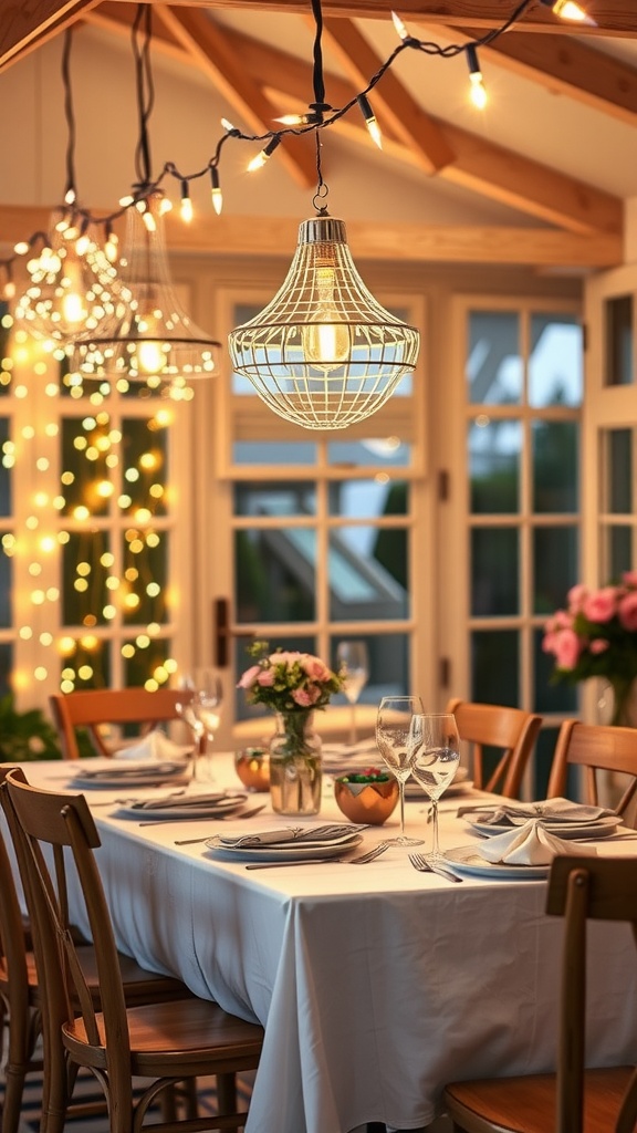 A beautifully set dining table with decorative string lights and pendant lamps, showcasing a warm and inviting atmosphere.