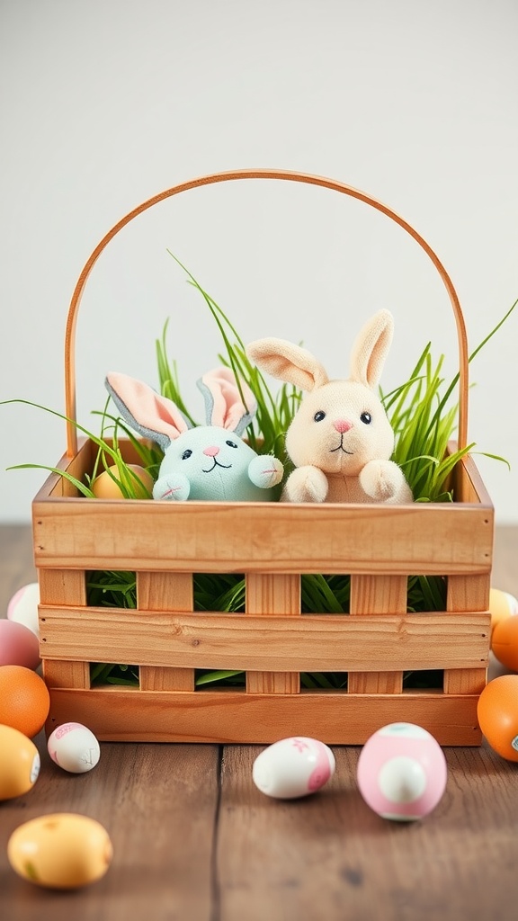 A decorative wooden crate filled with plush bunny toys and surrounded by colorful plastic eggs, set on a wooden surface.