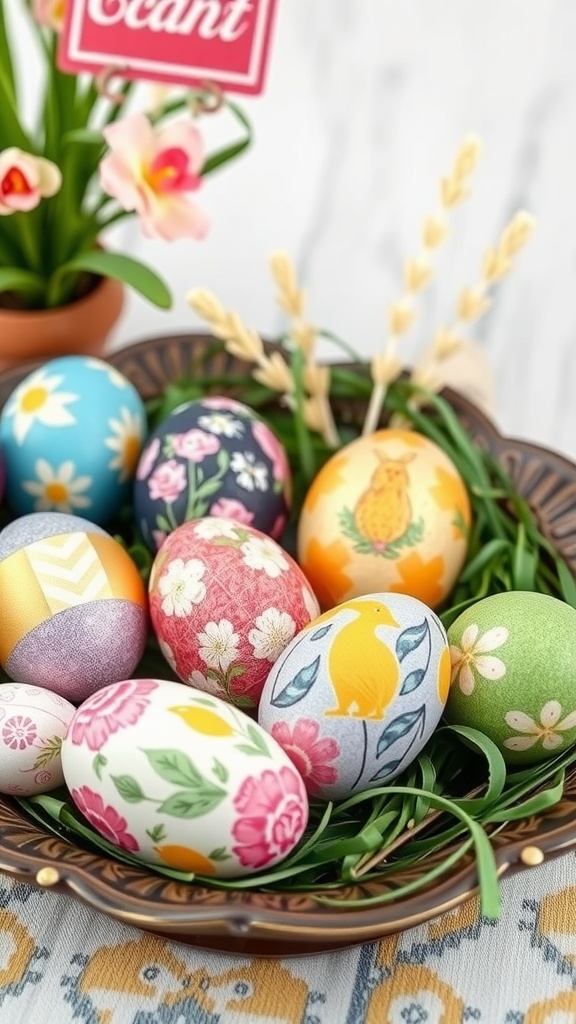 A collection of beautifully decoupaged Easter eggs displayed in a bowl with green grass.