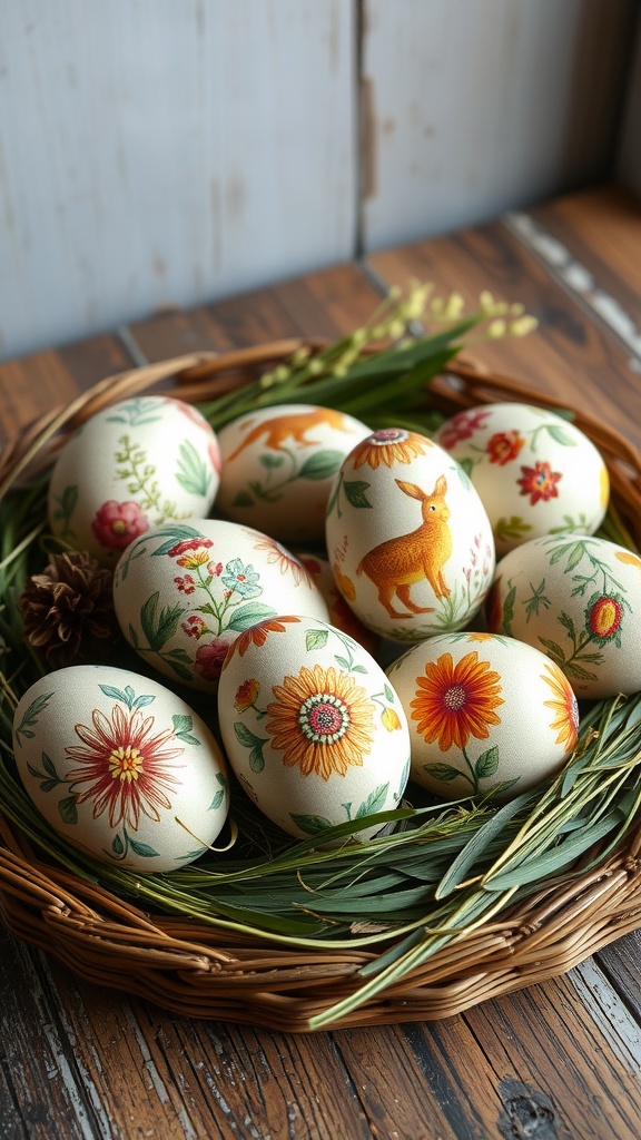 A basket filled with beautifully decorated decoupage Easter eggs, featuring floral designs and a bunny.