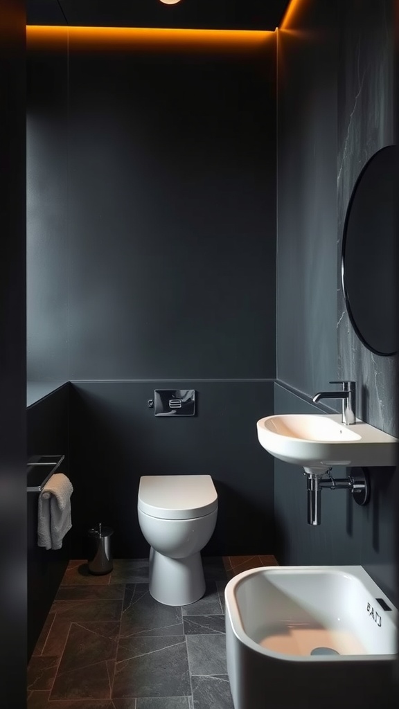 A modern bathroom with deep charcoal walls, featuring a white toilet and sink, and warm LED lighting.