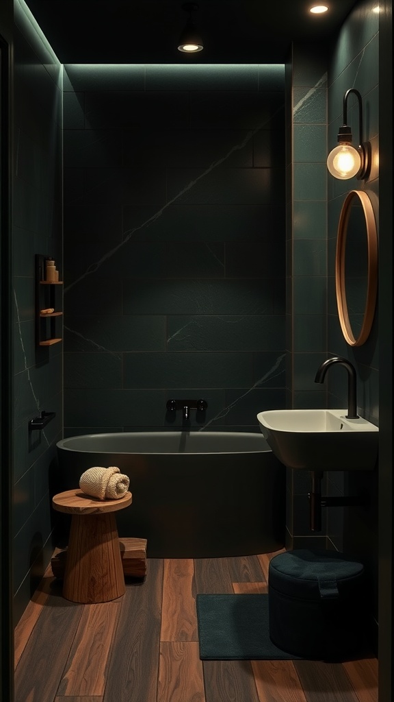 A dark bathroom featuring deep green tiles, a freestanding bathtub, and a wooden stool.