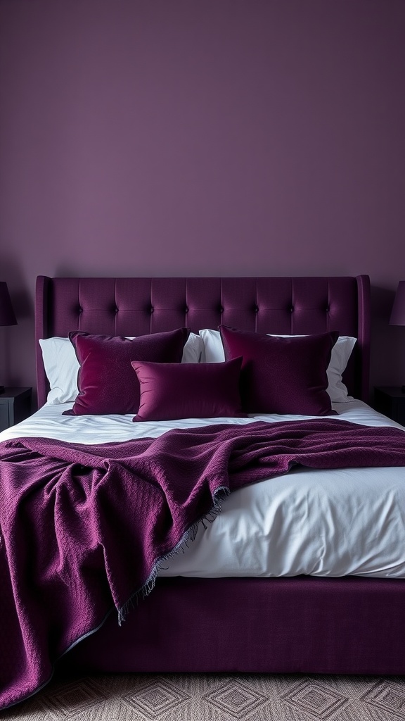 A cozy bedroom with deep plum accents, featuring a purple headboard, pillows, and warm bedding.