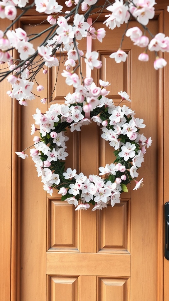 Cherry blossom wreath on a wooden door, showcasing pink and white flowers.