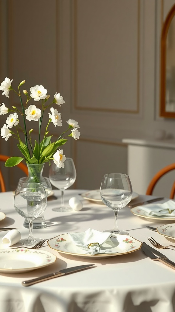 A beautifully set dinner table with delicate china plates, sparkling glassware, and a floral centerpiece.