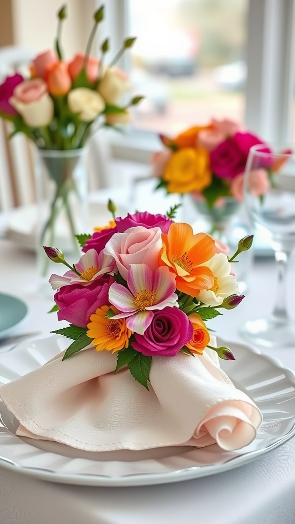 A table setting with delicate floral napkin rings, featuring vibrant flowers arranged on a white plate.