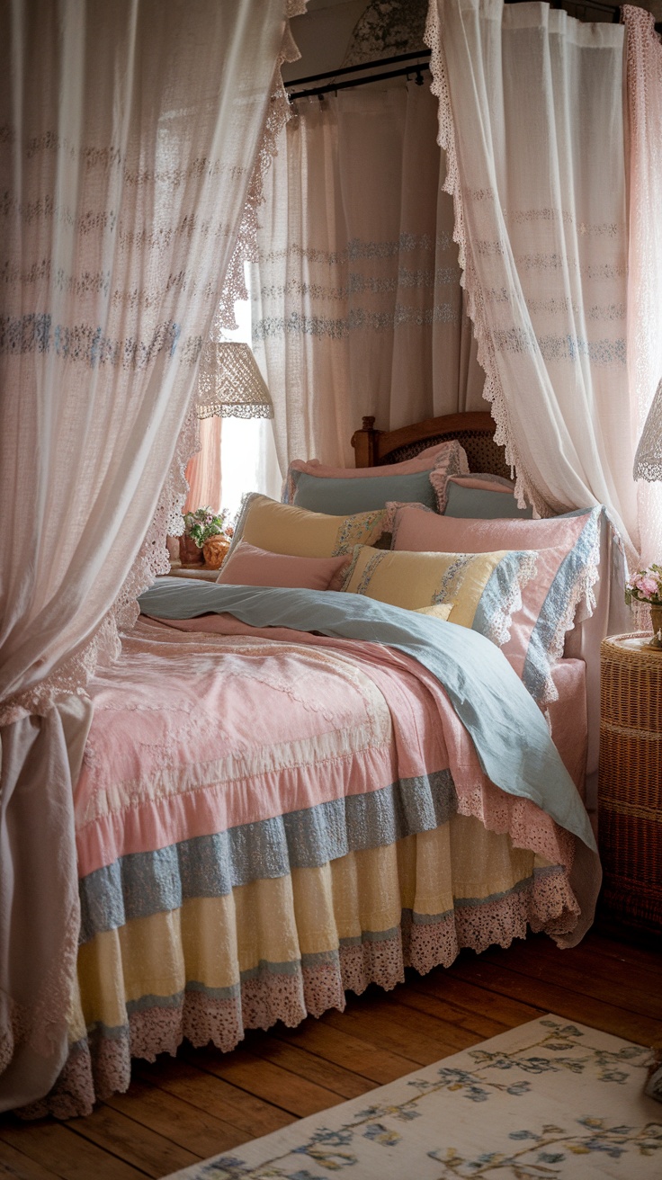 A cozy shabby chic bedroom featuring a pink coverlet, pastel linens, and lace curtains.