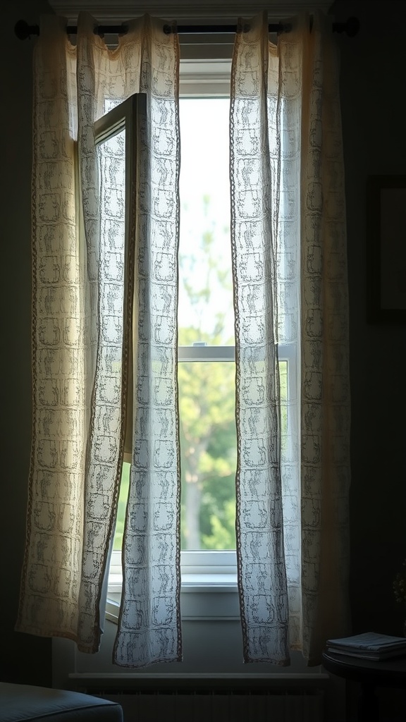 Light airy lace curtains hanging by a window, softly framing the view outside.