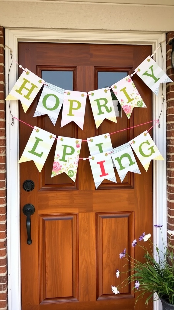 Colorful spring banner hanging on a door spelling 'HOP R I L P I N G'.