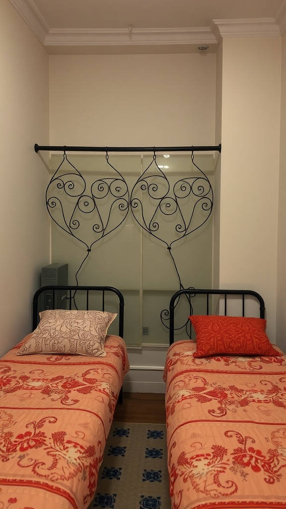 A shared bedroom with two twin beds and a decorative heart-shaped room divider for privacy.