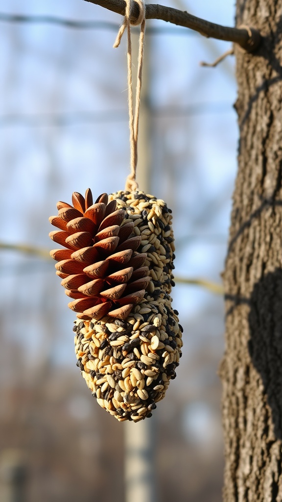 A homemade bird feeder made from a pine cone, covered in seeds, hanging from a tree branch.