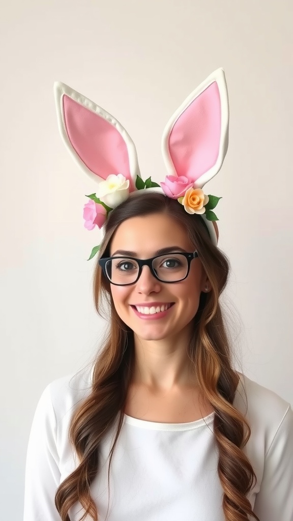 A woman wearing a bunny ears headband decorated with flowers